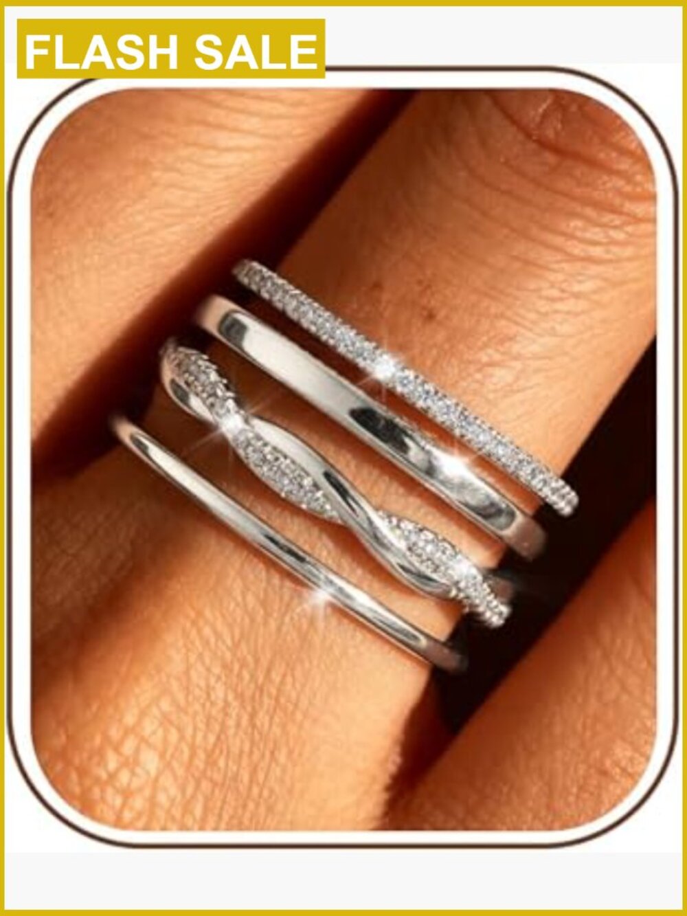 14K Gold Plated Stackable Ring Set - 3 CZ Dainty Bands Wedding Promise Rings